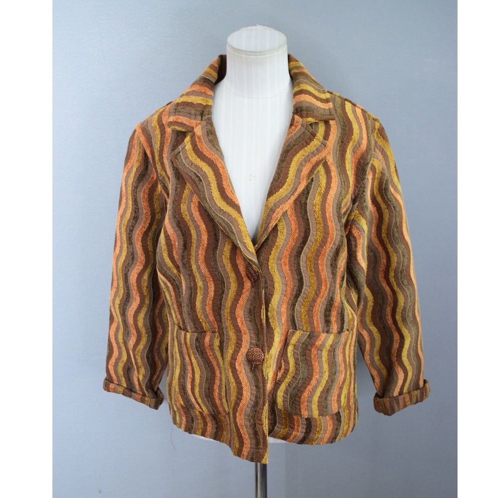 Parsley & Sage Blazer Medium Orange Brown Wavy Stripe Tapestry Jacket Art